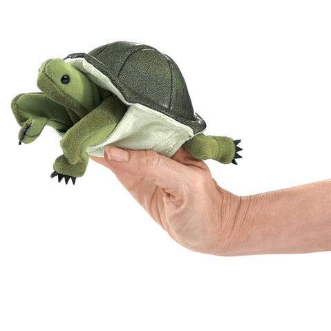 Turtle Finger Puppet plush puppet toy shown on hand with movable head and legs for children ages 3 and up.