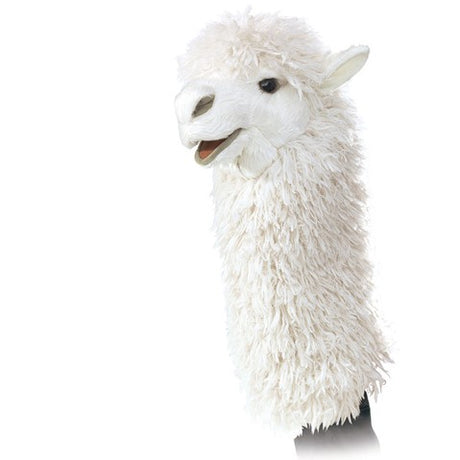 Fluffy fleeced Alpaca Stage Puppet with soft plush and gentle features perfect for imaginative play aged 3 and up.