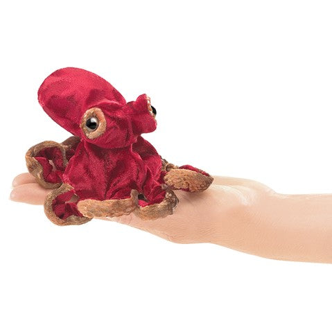 Octopus Finger Puppet shown on hand with vibrant red and brown colors, perfect for marine exploration and beach adventures.