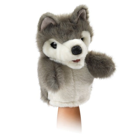 Wolf Little Hand Puppet showing realistic wolf features with movable mouth and forelegs for kids' imaginative play.