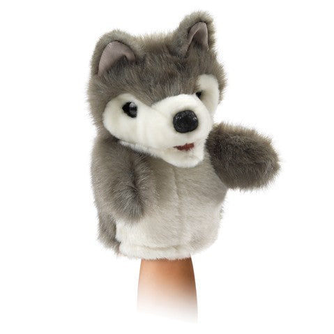 Wolf Little Hand Puppet showing realistic wolf features with movable mouth and forelegs for kids' imaginative play.