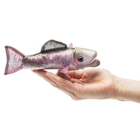 Rainbow Trout Finger Puppet held in hand, featuring realistic shimmery skin and flowy fins for fun fishing play.