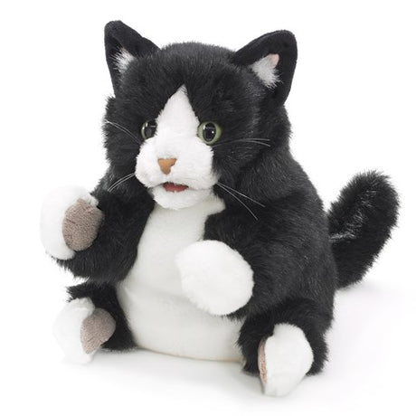 Kitten Tuxedo plush puppet with black and white fur, movable mouth, and soft cuddly design for kids 3 and up.