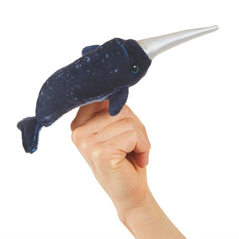 Narwhal Finger Puppet showing a hand holding a soft, dark blue narwhal with a silver tusk for imaginative ocean play.