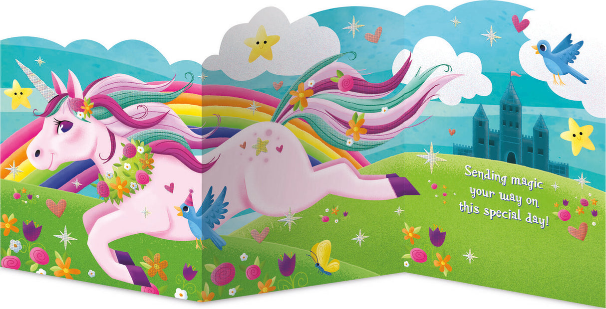 Unicorn Tri-Fold Card with bright colors, foil details, and a magical birthday message inside.