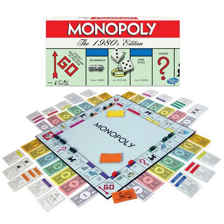 Monopoly The 1980's Edition board game with money, cards, houses, hotels, and dice ready for 2 to 8 players.
