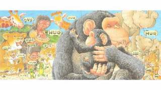 Illustration from Hug showing Bobo the chimp reaching out for a hug among puzzled jungle animals.