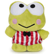 Keroppi plush toy in red and white striped outfit with black bow-tie waving hello, soft and cuddly collectible.