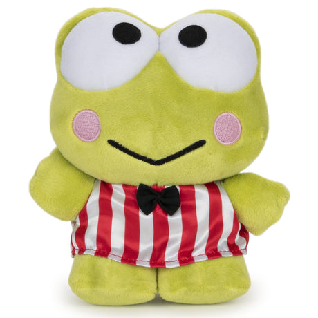 Keroppi plush toy in red and white striped outfit with black bow-tie waving hello, soft and cuddly collectible.