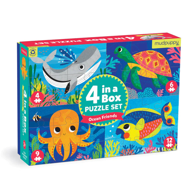 4-12pc Ocean Progressive Puzzles featuring colorful ocean animals in 4 puzzles with increasing difficulty levels.