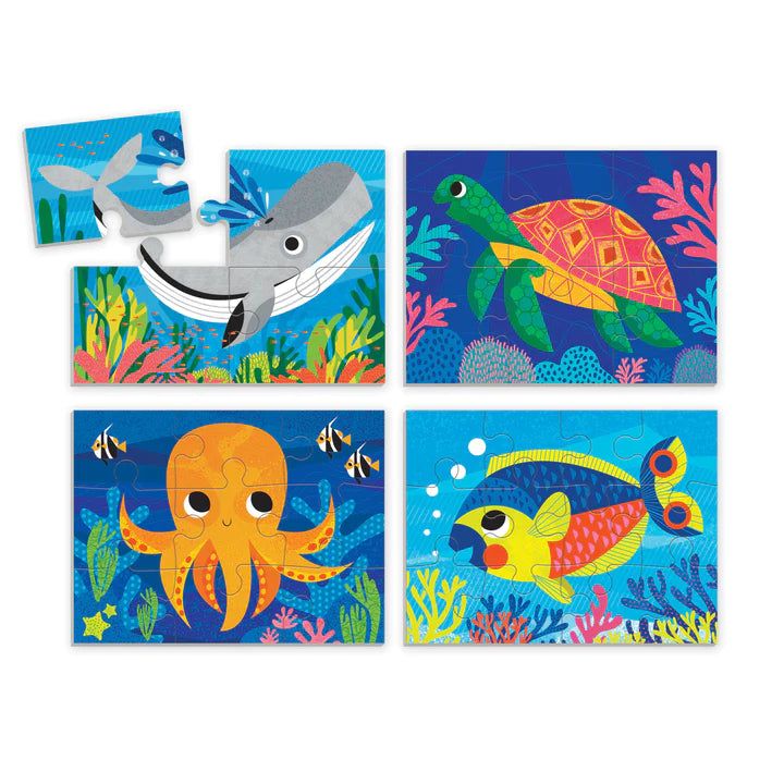 4-12pc Ocean Progressive Puzzles showing colorful ocean animals in 4 puzzles with varying piece counts for kids ages 2+