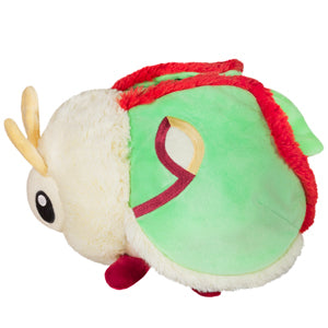 Luna Moth Mini plush toy in soft green with red accents, featuring big eyes and antennae, perfect for cuddling.