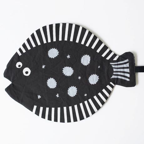 Organic Crinkle Toy | Fish in black and white with striped edges and crinkle paper filling for sensory play.