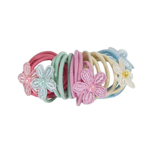 Ouchless Hair Elastics set of 25 with pink, mint, magenta, white, and blue elastics and daisy flower embroidery.