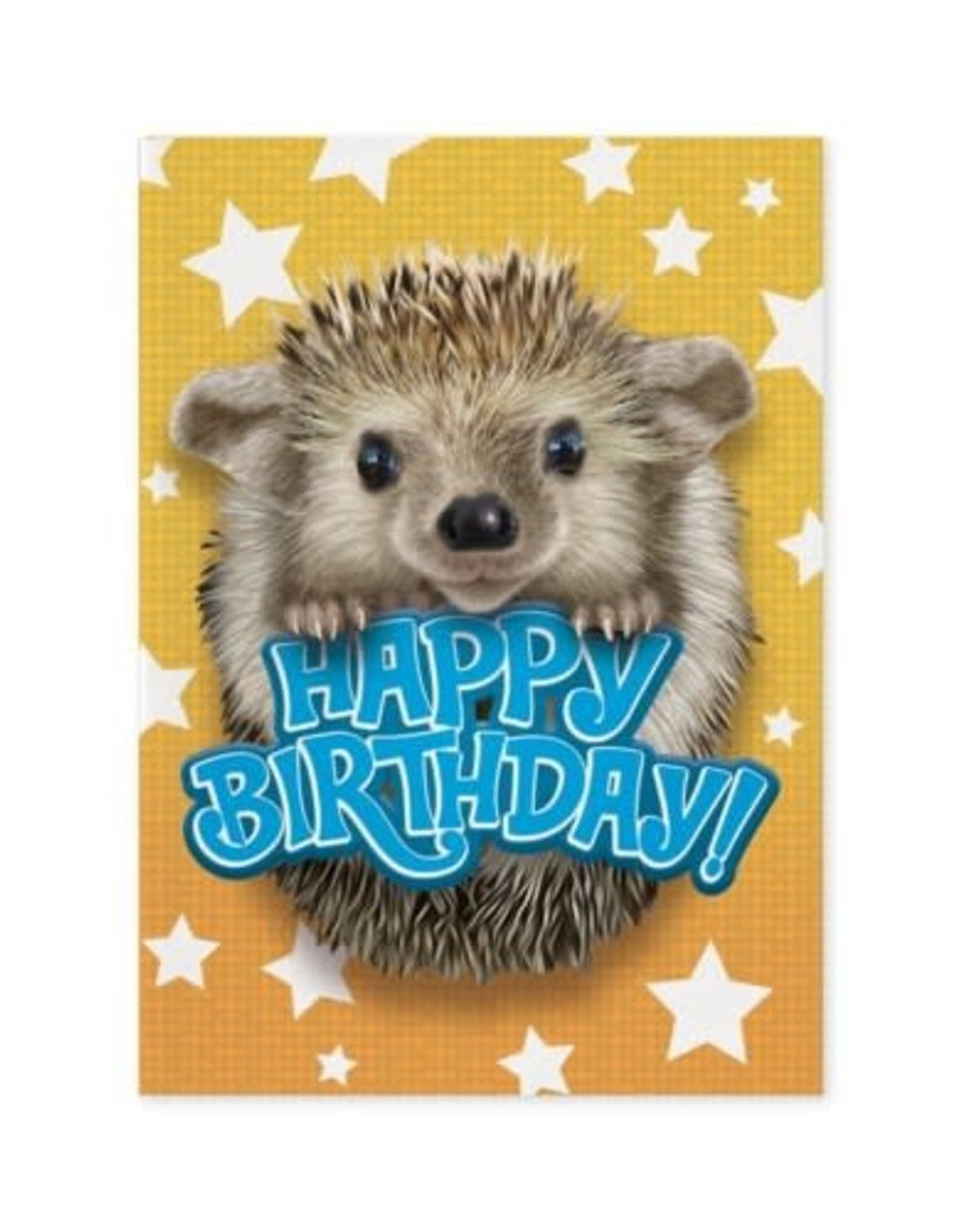 Hedgehog Foil Card with a cute hedgehog and blue "Happy Birthday!" text on yellow star-patterned background.