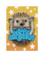 Hedgehog Foil Card with a cute hedgehog and blue "Happy Birthday!" text on yellow star-patterned background.
