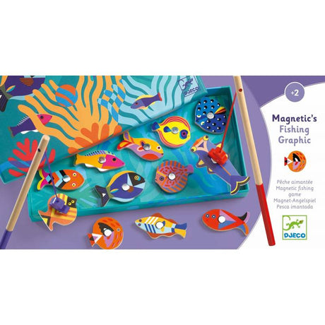 Magnetic Fishing game with colorful wooden fish and fishing rods for kids to develop coordination skills.