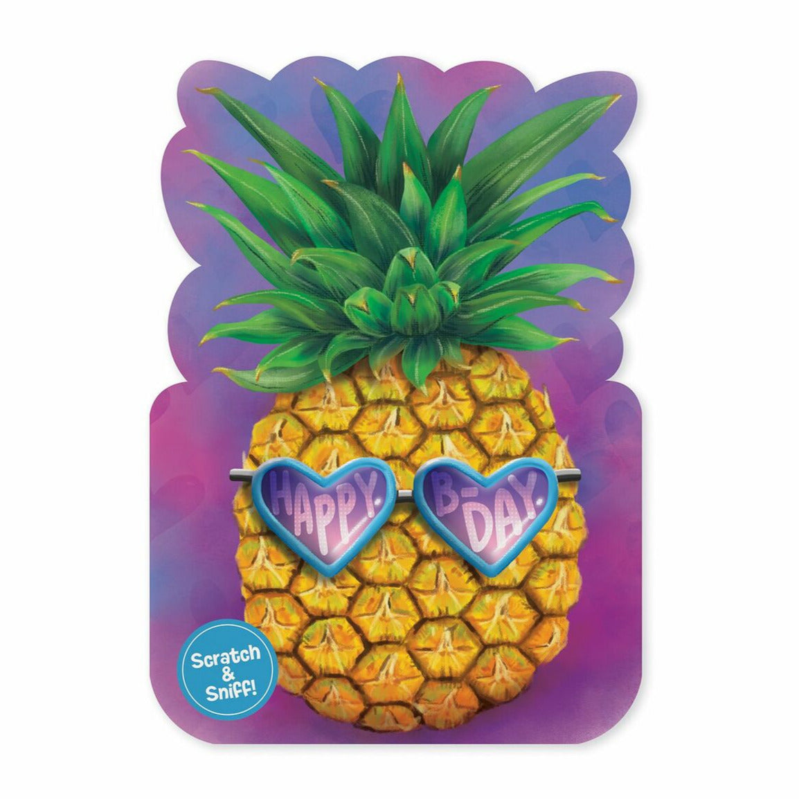 Pineapple Scratch & Sniff Card featuring a pineapple with heart-shaped glasses and "Happy B Day" message on purple background.