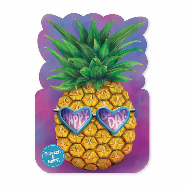 Pineapple Scratch & Sniff Card featuring a pineapple with heart-shaped glasses and "Happy B Day" message on purple background.