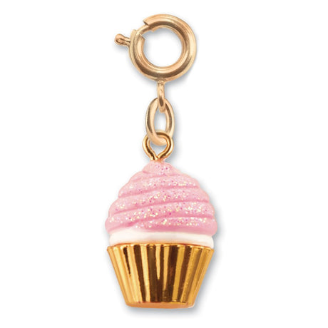 Pink Cupcake Gold Charm with 3D enamel glitter and gold base metal for CHARM IT! bracelets and necklaces