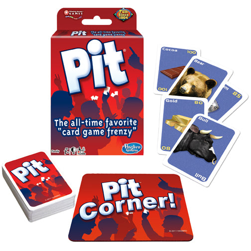 Pit card game box, cards showing commodities like gold and bear, and Pit Corner! board for fast trading game fun.