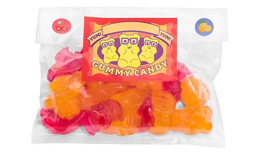 Gummy Candy Lab clear bag shows orange and red gummy candies shaped like bears and fruit pieces.