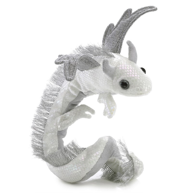 Dragon Wristlet Pearl Puppet in white with shiny scales and magnetic tail wrap for wearable dragon fun and cosplay.