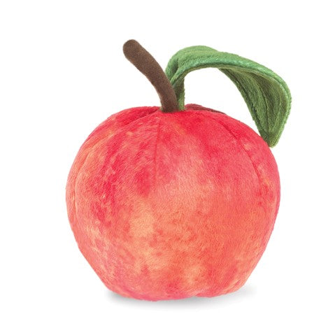 Soft plush red apple finger puppet with brown stem and green leaf, Worm in Apple Finger Puppet for kids ages 3 and up.