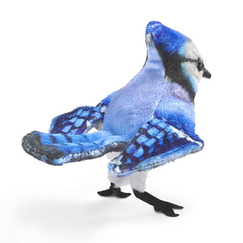 Blue Jay Finger Puppet featuring a soft blue crest, detailed wings, and black feet, ideal for imaginative play.