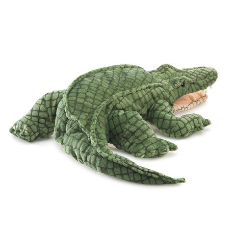 Alligator Puppet made with soft velour, realistic green scales, and plastic teeth, perfect for playful storytelling.
