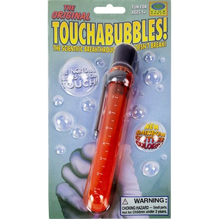 Touchable Glitter Bubbles packaging showing a red bubble solution tube with sparkling bubbles around it for ages 5 and up.