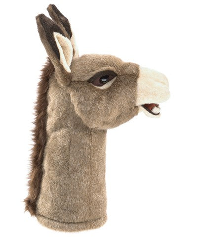 Donkey Stage Puppet with lifelike fur and movable mouth for fun puppet shows, perfect for ages 3 and up.