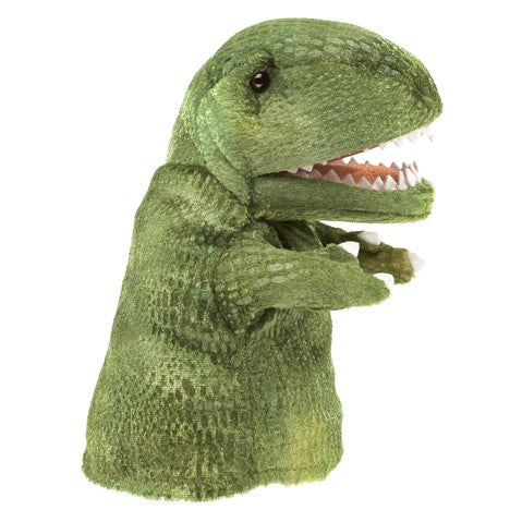 T-Rex Little Hand Puppet, a small green dinosaur with moveable mouth and arms, perfect for kids ages 3 and up.