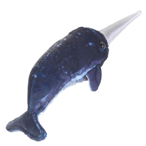 Narwhal Finger Puppet plush toy with a soft blue body and white tusk, perfect for ocean-themed play.