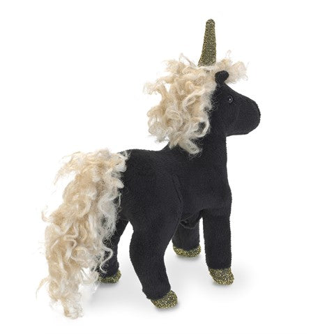 Black Unicorn Finger Puppet with curly cream mane and tail, glittery gold horn and hooves, perfect for imaginative play.