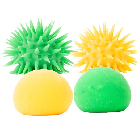 Neon Inside-Out Ball showing soft round and spiky forms in bright green and yellow colors, perfect for ages 5 and up.