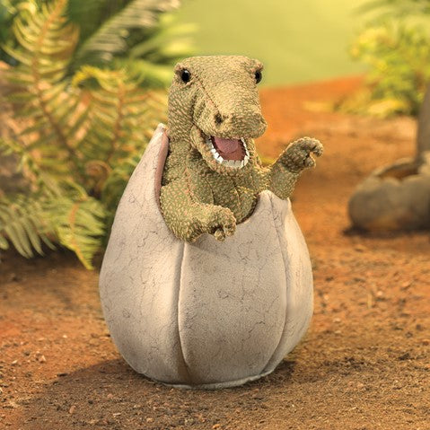Dino in Egg Puppet showing a small T-Rex hatching from a textured egg, perfect for imaginative play ages 3 and up.
