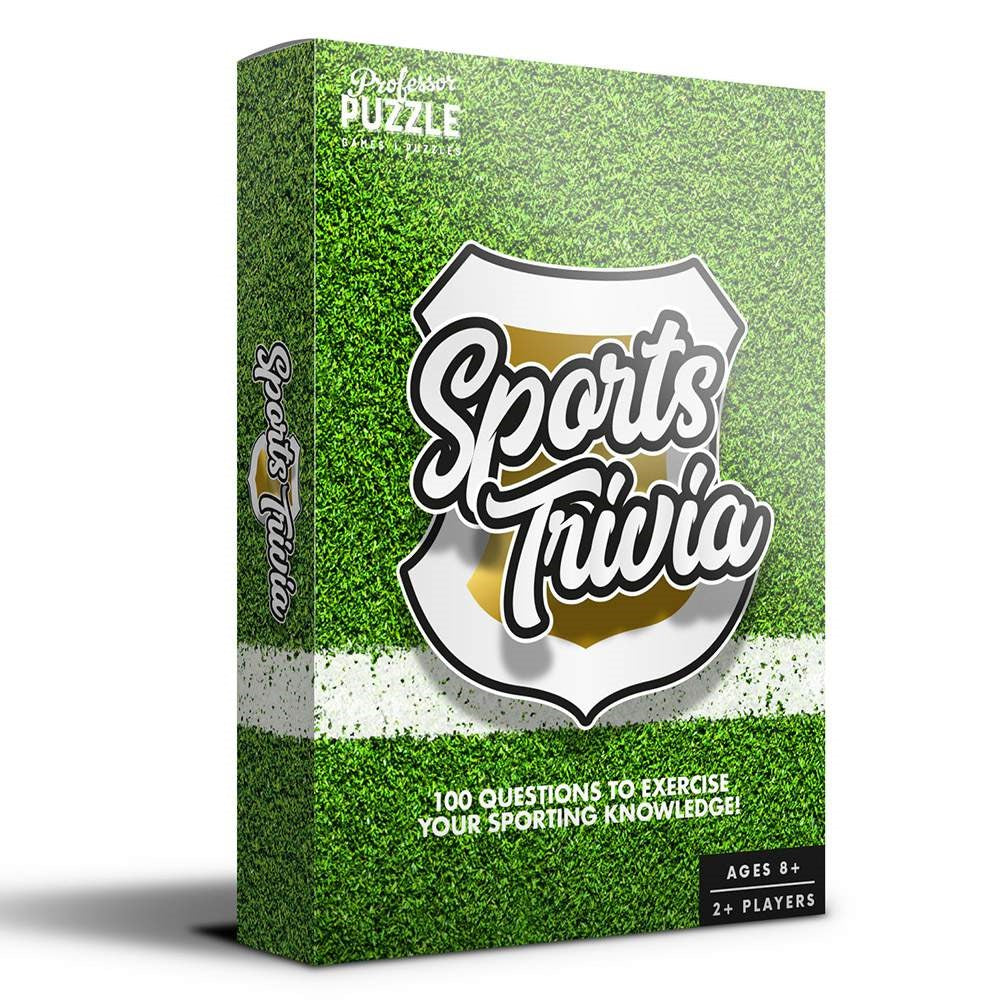 Mini Sports Trivia game box with grass field design, featuring 100 questions to test sports knowledge for ages 8 and up.