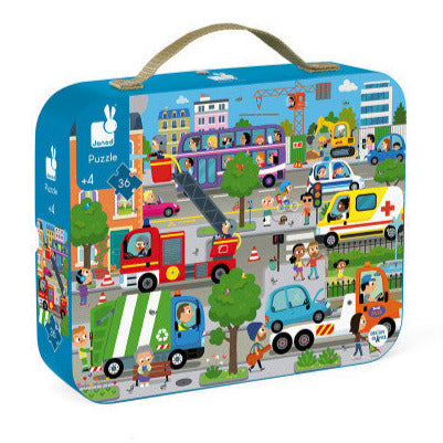 36pc City Suitcase Puzzle featuring a colorful city scene in a portable suitcase with fabric handle for kids aged 4-6.
