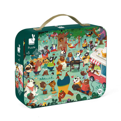 54pc Bear Family Suitcase Puzzle with colorful bear feast illustration and fabric handle for easy transport.