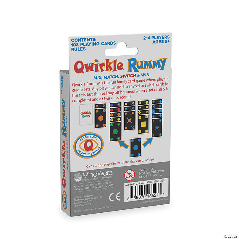 Qwirkle Rummy card game box showing colorful shape and color matching cards for 2-4 players, ages 8+