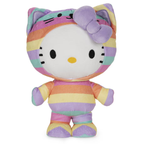 Hello Kitty Rainbow plush wearing pastel striped rainbow onesie with purple bow and kitty face hood.