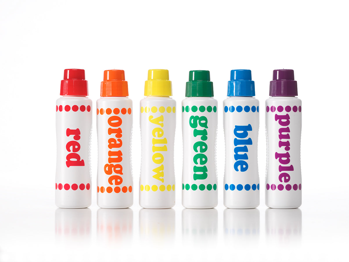 Do A Dot Art! Rainbow Markers set of six washable dot markers in red, orange, yellow, green, blue, and purple colors.