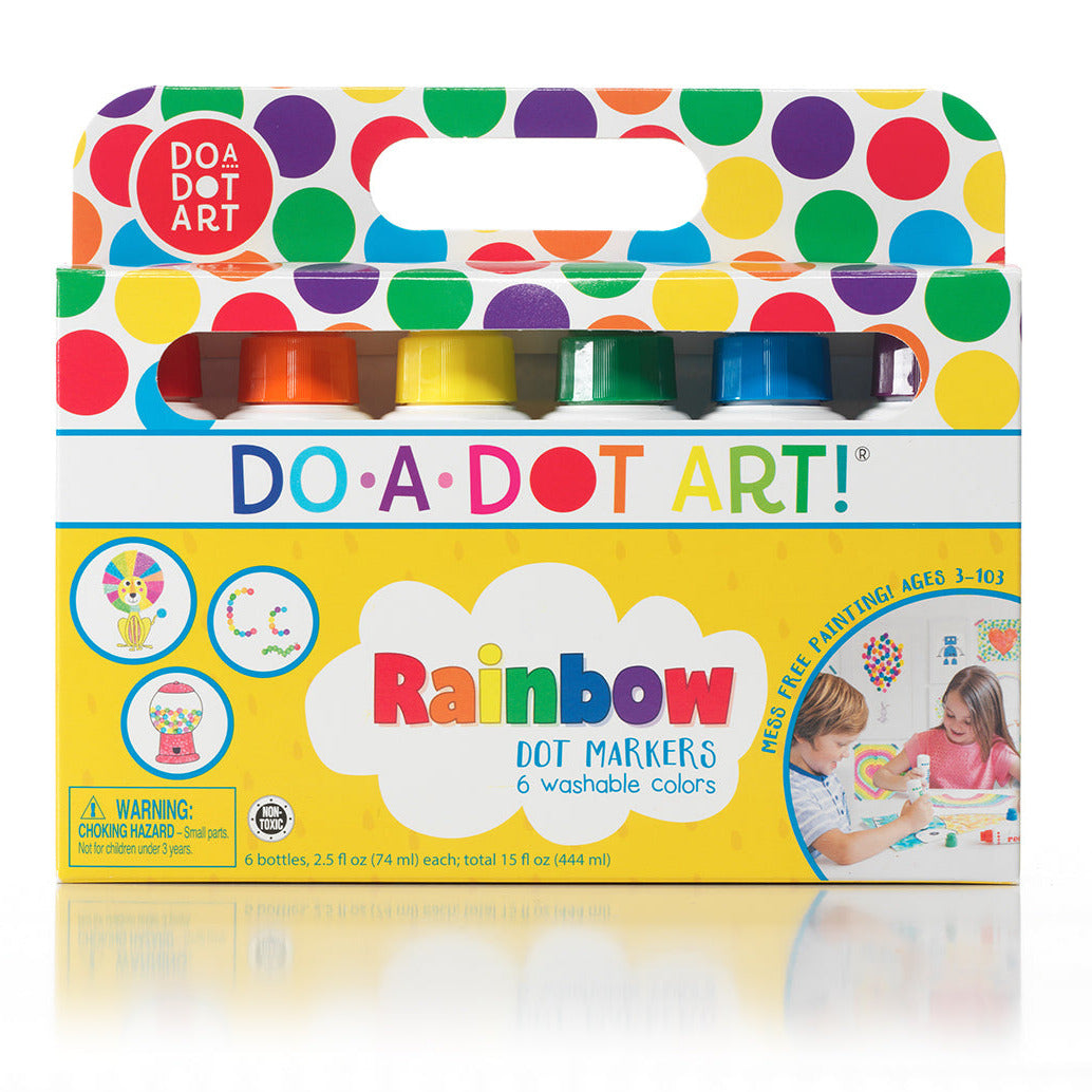 Do A Dot Art! Rainbow Markers set with 6 washable, no spill, no splash dot markers in vibrant rainbow colors.