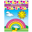 Do A Dot Art! Rainbow Trail with colorful rainbow, smiling sun, clouds, and a path on bright blue sky background.