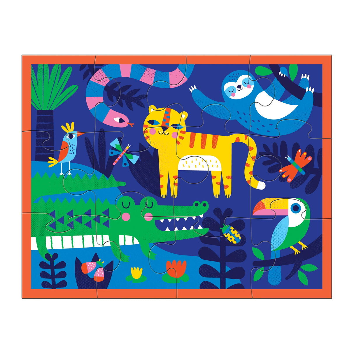 12pc Rainforest Puzzle Pouch featuring colorful jungle animals like a sloth, tiger, toucan, and crocodile for kids.