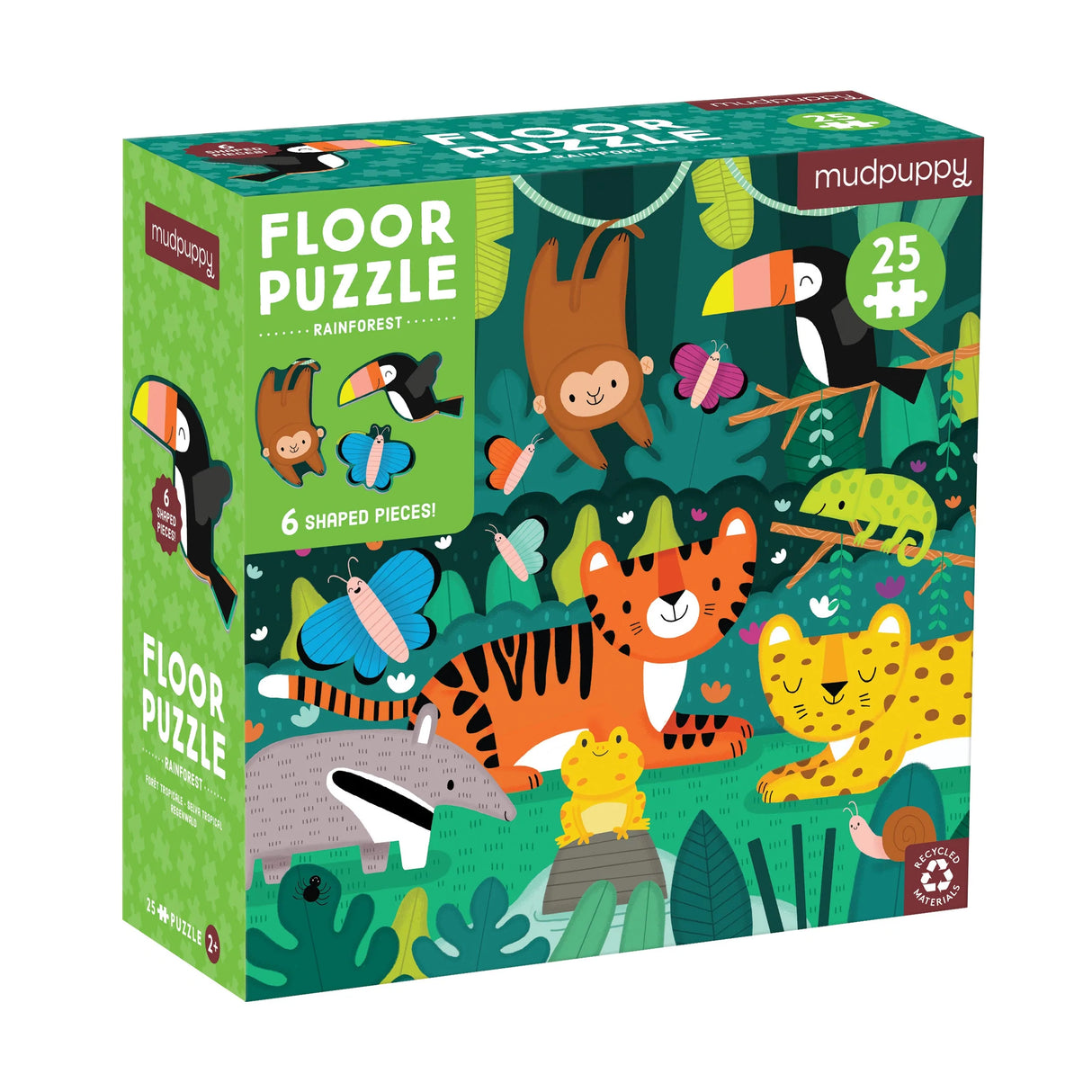 25pc Rainforest Floor Puzzle with oversized animal-shaped pieces including tiger, monkey, toucan, and butterfly for ages 2 and up.