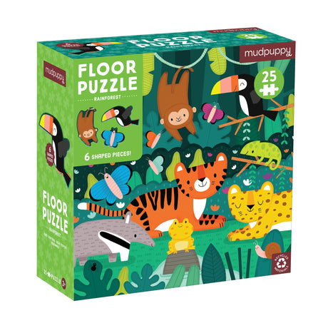 25pc Rainforest Floor Puzzle with oversized animal-shaped pieces including tiger, monkey, toucan, and butterfly for ages 2 and up.