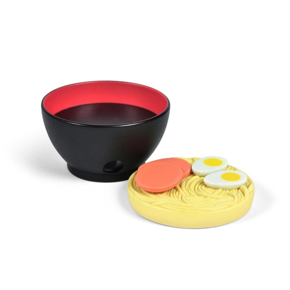 Ramen Doodles Eraser & Sharpener set shaped like ramen bowl and noodles with eggs and meat erasers.
