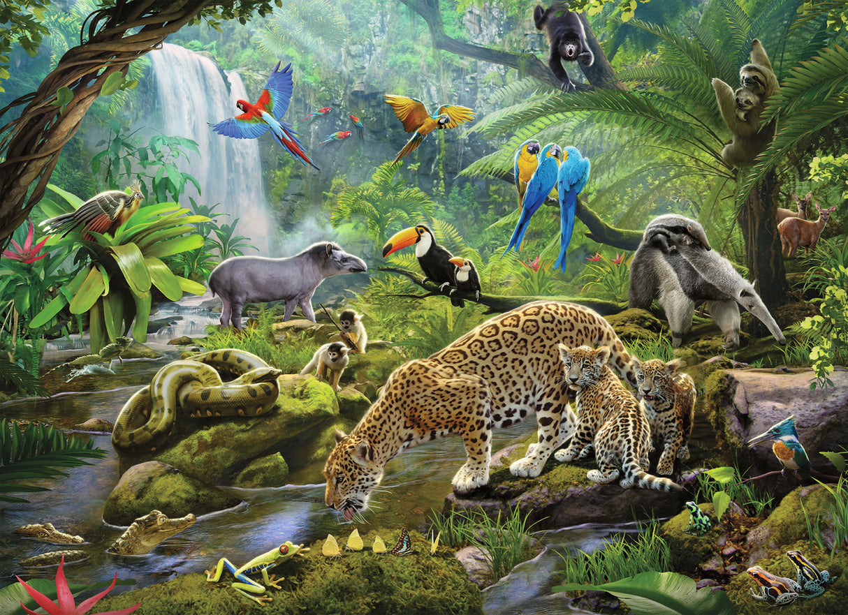 60pc Rainforest Animals Puzzle with vivid, extra-large durable pieces showing diverse rainforest wildlife and lush greenery.